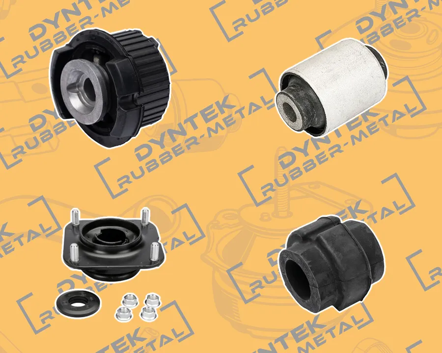 DYNTEK suspension parts: an axle beam bushing, a control arm mounting, a strut mounting and a stabiliser bar bushing